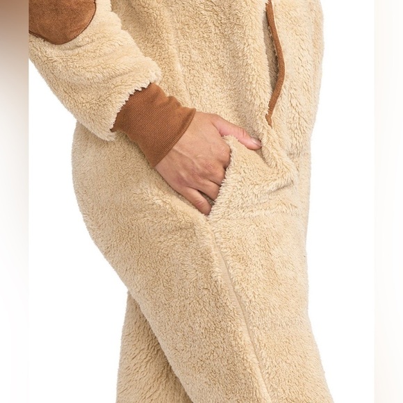 Tipsy Elves Tan Sherpa Hooded Cozy Jumpsuit - Picture 4 of 11